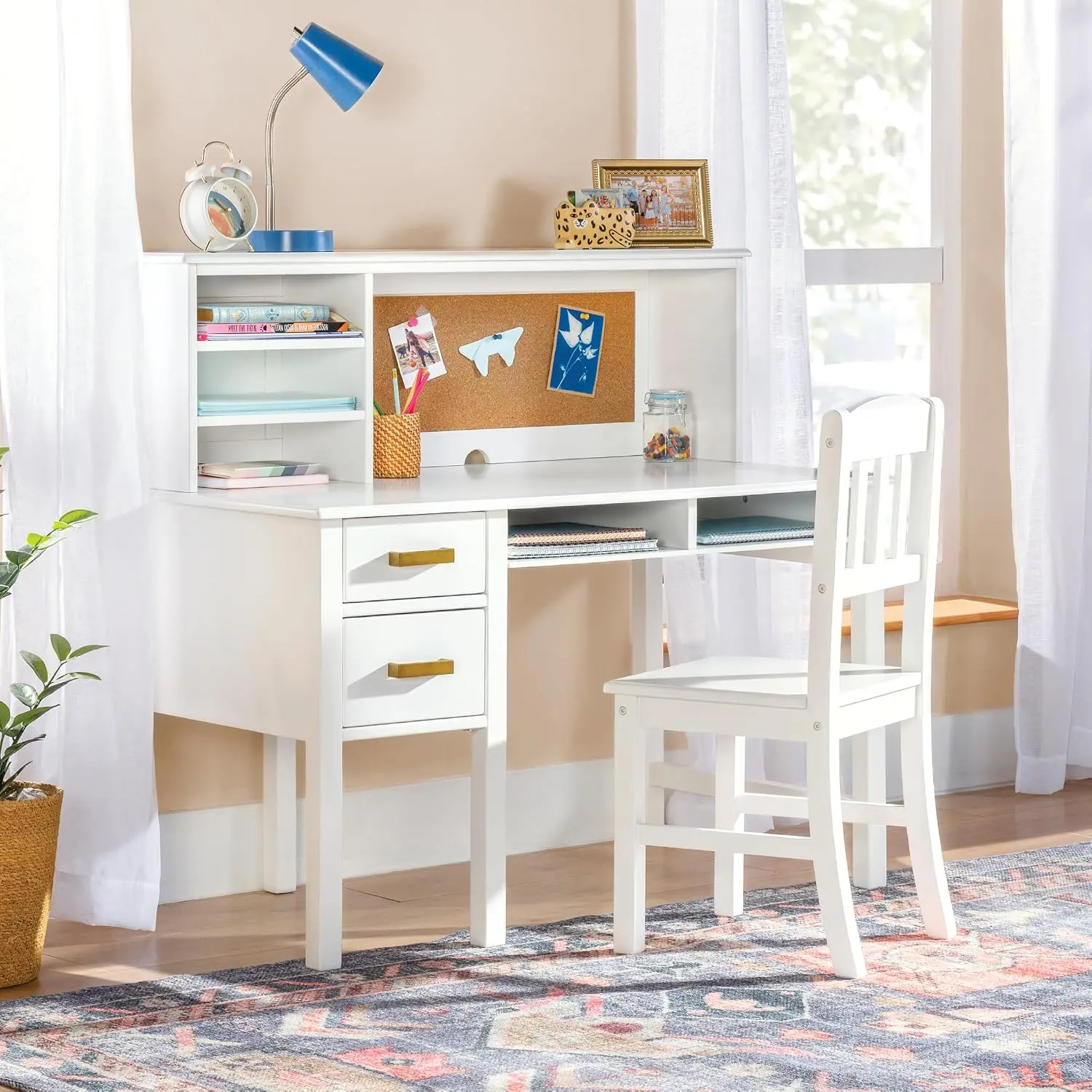 Kids Desk & Chair Set with Hutch, Storage Shelves, Drawers & Corkboard, Study Workstation for Bedroom, Customized