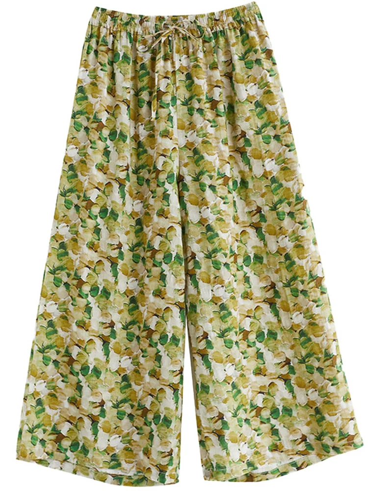 Retro Japońskie Szerokie Spodnie Damskie Casual Cienkie Kwiatowe Bawełniane Lniane Luźne Spodnie z Wysokim Stanem Do Pracy Letnie