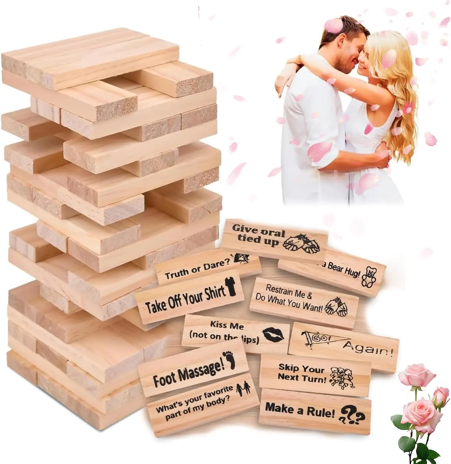 Lust Tower Couples Game Naughty Adults 48 Piece Valentine Tumbling Stacking Blocks Wooden Gifts Night Party