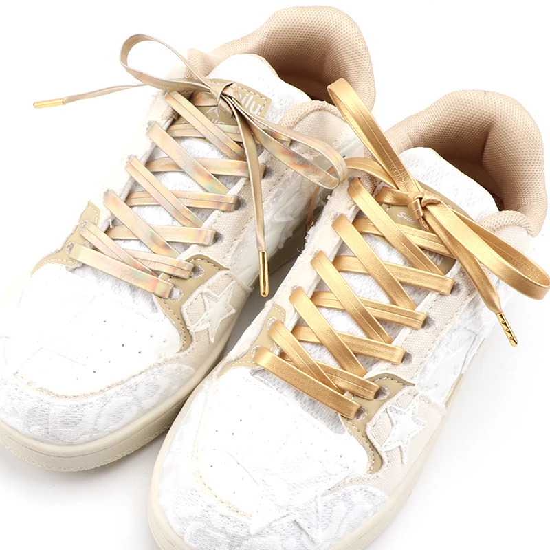 Flat Leather PU Shoelaces Waterproof Metal Head Shoe Laces Gold Silver Laser Reflective Shoelace for AF1 Sports Basketball Shoes