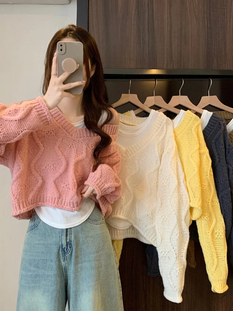 

Loose Long Sve Knitted Sweater Women's Spring New Hollow out Crochet Cover up ort Top Korean Sle V-Ne Warmth Polyester