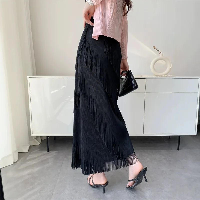 2026 Summer Miyake Pleated New Original Spring Summer Tassel Skirt Women Mid-Length Elastic Waist Stretch Pleated Skirt Women