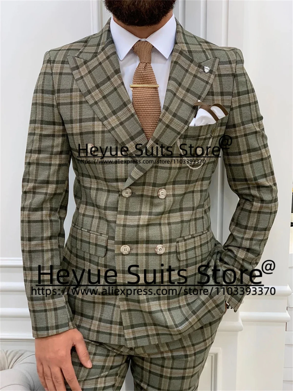 

Classic Plaid Men Suits Slim Fit Double-breasted Groom Tuxedos 2 Pieces Sets Tailor Made Male Blazer terno masculinos completo