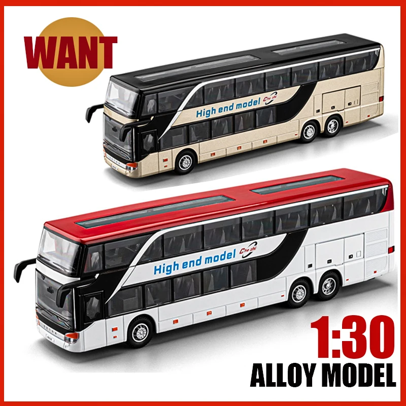 1:30 Business Double-Deck Luxury Bus Car Toy Alloy Diecast Premium Model Sound Light Sightseeing Vehicle Kid Toy Birthday Gift O