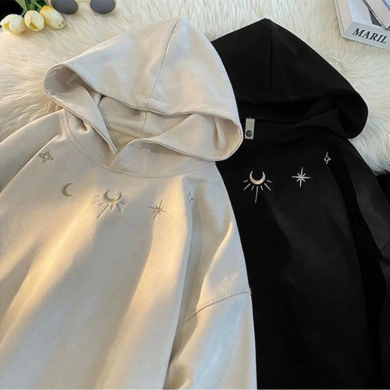 High Street Brand Star Embroidery Suede Hoodie for Men Hip Hop Loose Oversized Gray Sweatshirt Harajuku Fashion Pullover Casual