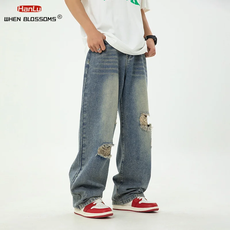 

2024 Spring/Summer New Men's Vintage Washed Worn Out Jeans Men's Loose Japanese Straight Leg Micro Wide Trendy Brand Denim Pants