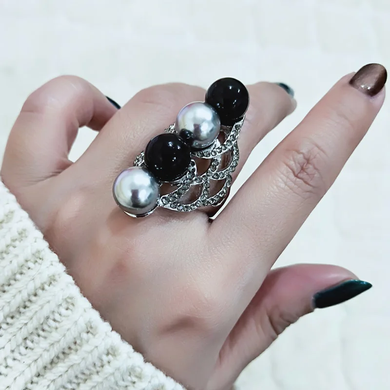 SINLEERY Black Acrylic Ball With Gray Simulated Pearl Long Rings For Women Silver Color Crystal Vintage Jewelry JZ168