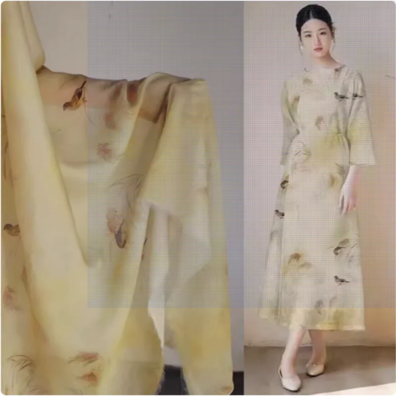 China Wind Reed Little Bird Print, tela de gasa de seda cielo, tela de costura de tela Cheongsam Han para vestido, suave y liso, T2199
