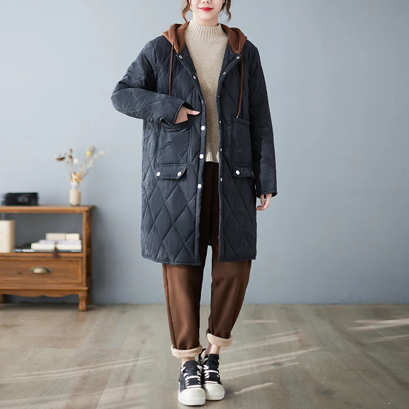 2023 New Arrival Winter Women Loose Casual Long Sleeve Single Breasted Long Parker Korean Style Hooded Collar Cotton Coat V747