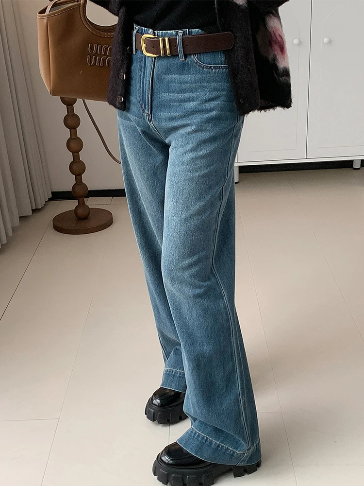 

Широкие джинсы с высокой талией, прямой пояс, супер ноги, утягивающие джинсовые брюки с высокой талией, прямые синие джинсы для женщин