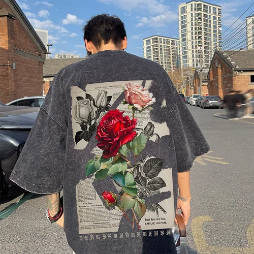 Imagen 2 del producto Camiseta gótica lavada para hombres y mujeres, camisetas de manga corta con gráfico de Rosa Vintage, camisetas de pareja de calle de Hip Hop, ropa