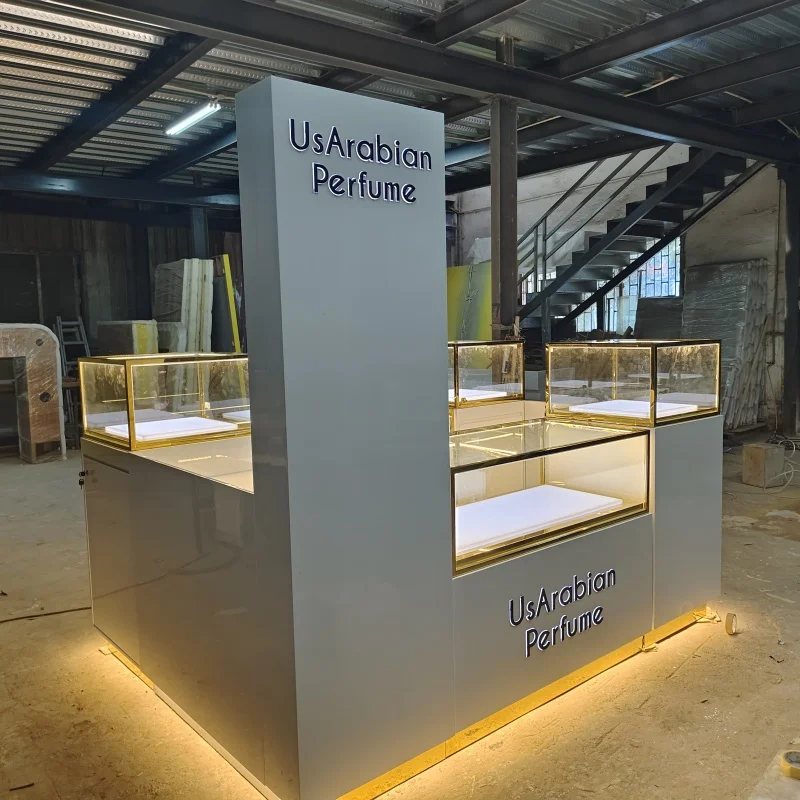 Custom, Elegant Perfume Store Display Furniture Perfume Cabinet Display Counter With Lighting Shopping Mall Kiosk Design