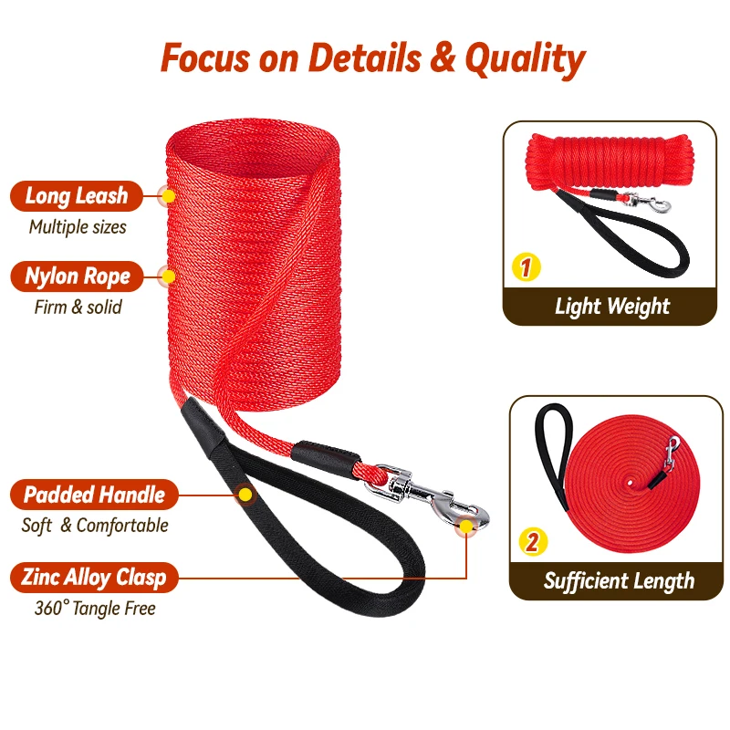 Dog Training Leash 50FT 30FT 15FT 10FT  Pet Dog Leash Nylon Long Lead Rope Leash Soft Padded Handle for Large Medium Small Dogs