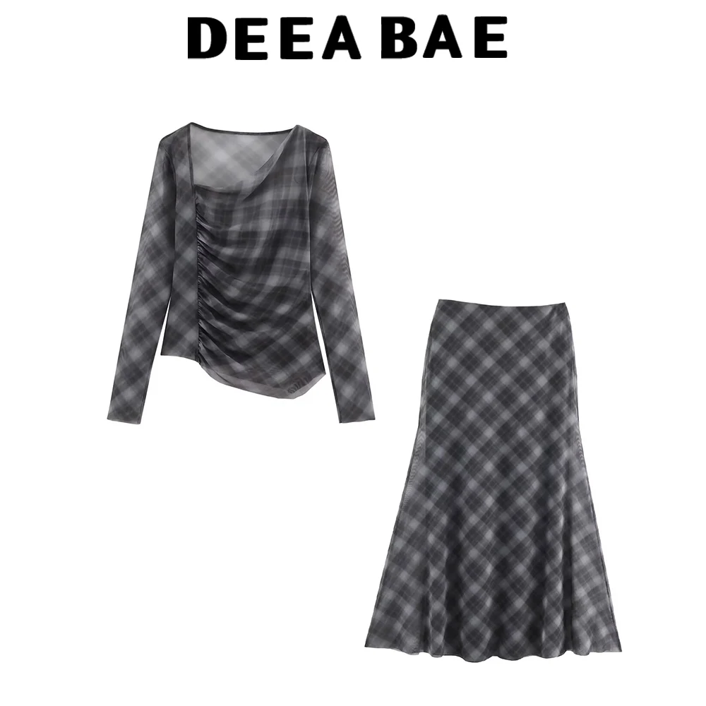 DEEABAE Herbst neue frauen kleidung reine wunsch stil design gefühl gitter seide mesh langärmelige asymmetrische T-shirt rock set