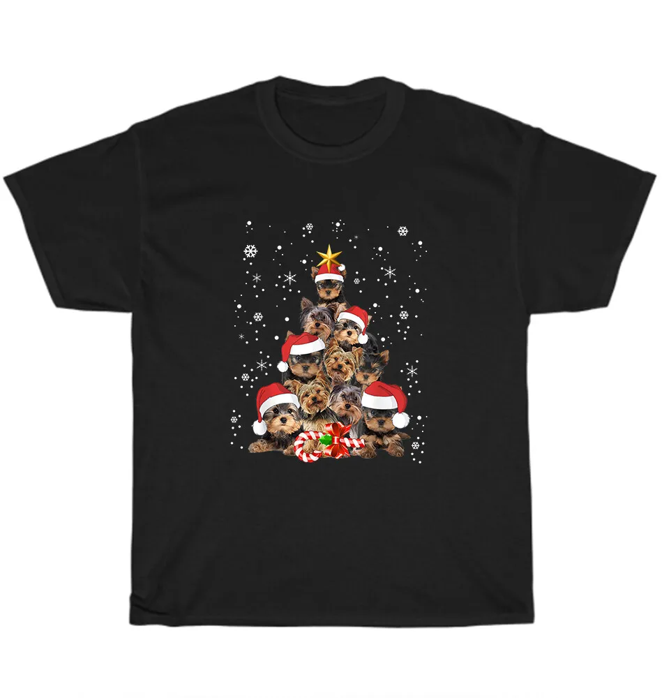 

Йоркширский терьер Санта-Рождественская елка огни Рождественская футболка для любителей собак