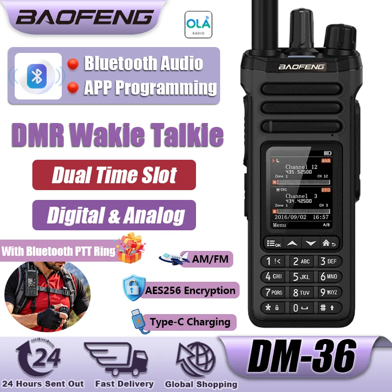 Baofeng DM-36 DMR Digital Walkie Talkie with PPT Ring Air Band Dual Time Slot Bluetooth Audio Programming AES256 Encryption NOAA