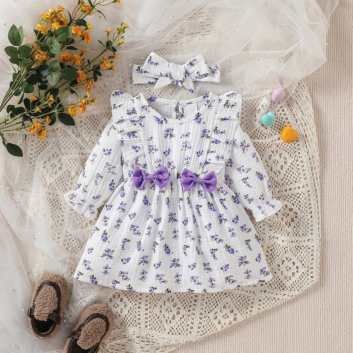 Girls Summer Baby\'s Lovely Printing Floral  With Bow Square Collar Long Sleeve Daily Dress