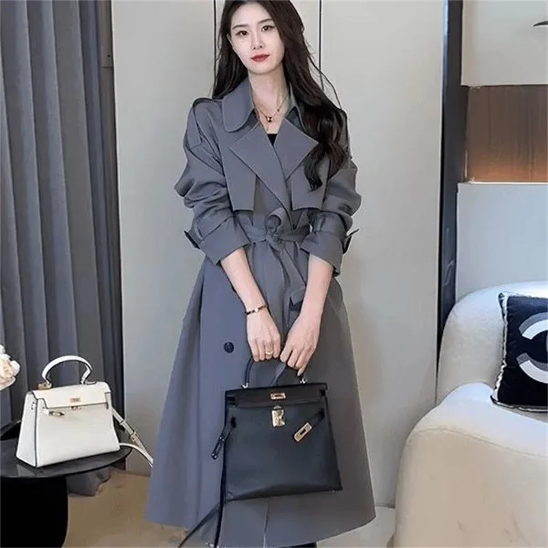 

2026 Women British Style Windbreaker Streetwear Double Breasted Trench Coats Elegant Autumn Winter Khaki