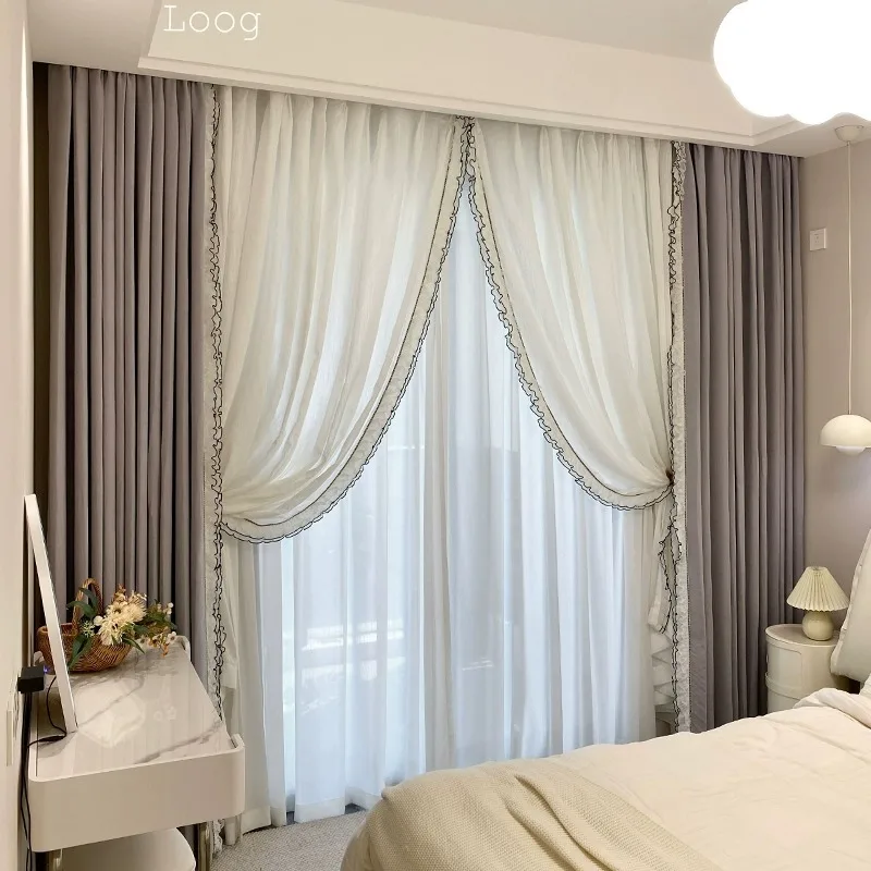 French Cream Velvet Elegant Fashion  Purple Lace Living Room Bedroom Bay Window Girlish Style Sheer Curtains Custom Size