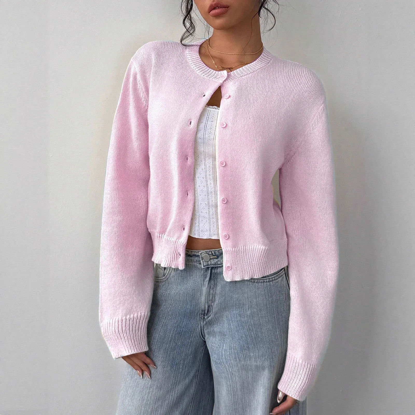 ファイオナブル レディース 薄手 丸首 ロング丈 ボタン付きセーター 通勤 スタイリッシュ コート 無地 その他素材 00%