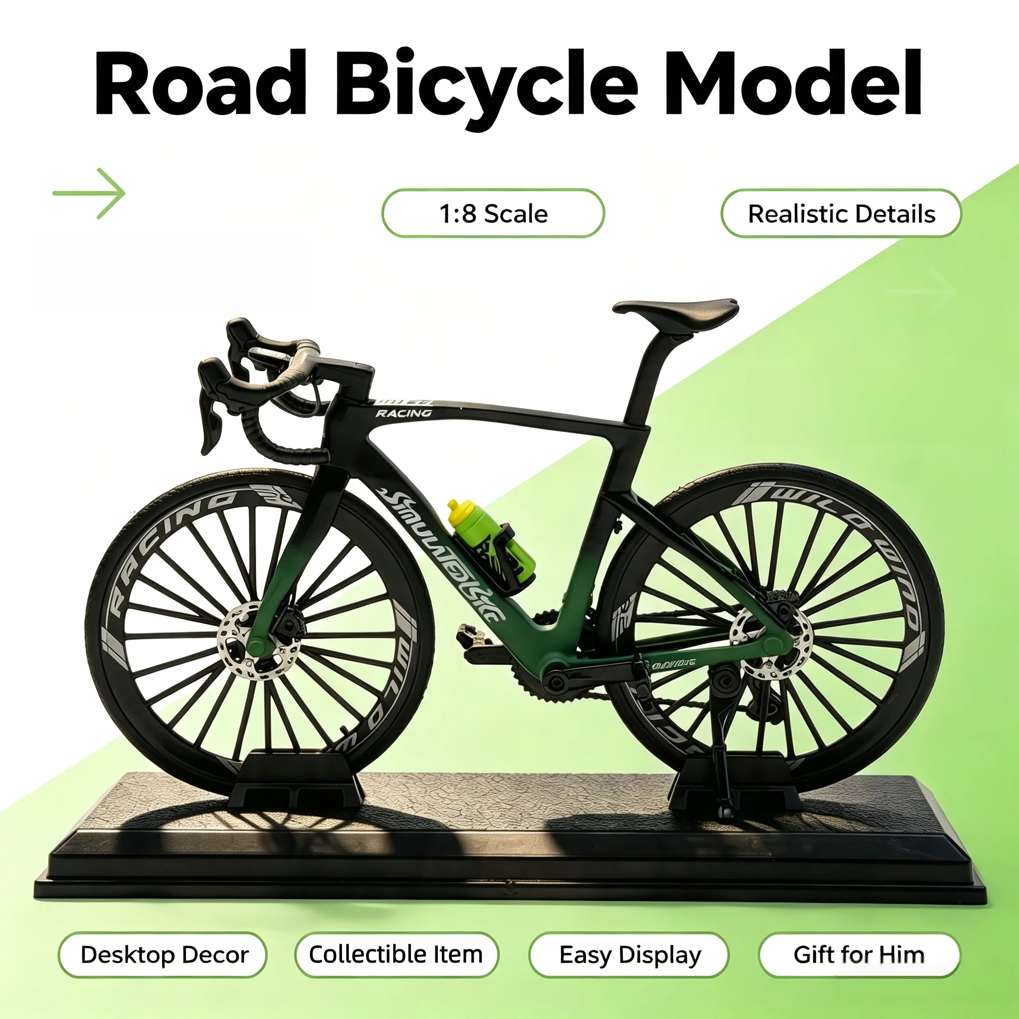 1:8 Alloy Road Racing Bike Model Mini Replica Bicycle Toy Movable Handlebar Wheels Pedal Detachable Water Bottle Desktop Display