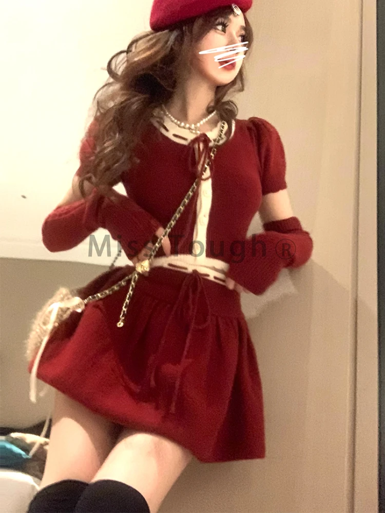 Winter Red Warm Christmas Knit Two Piece Set Women Korean Fashion Sweater Mini Skirt Suit Female O Neck Retro New Year Set 2023