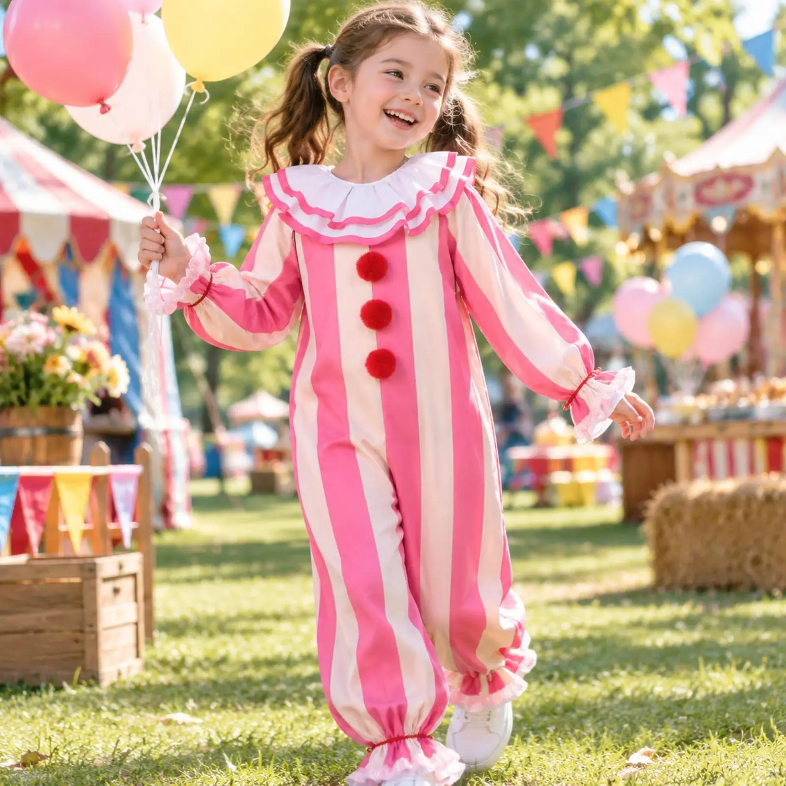 Playful Clown Jumpsuit with Ruffle Collar and Gathered Ankles for Carnival Procession Stage Performance Costume Set
