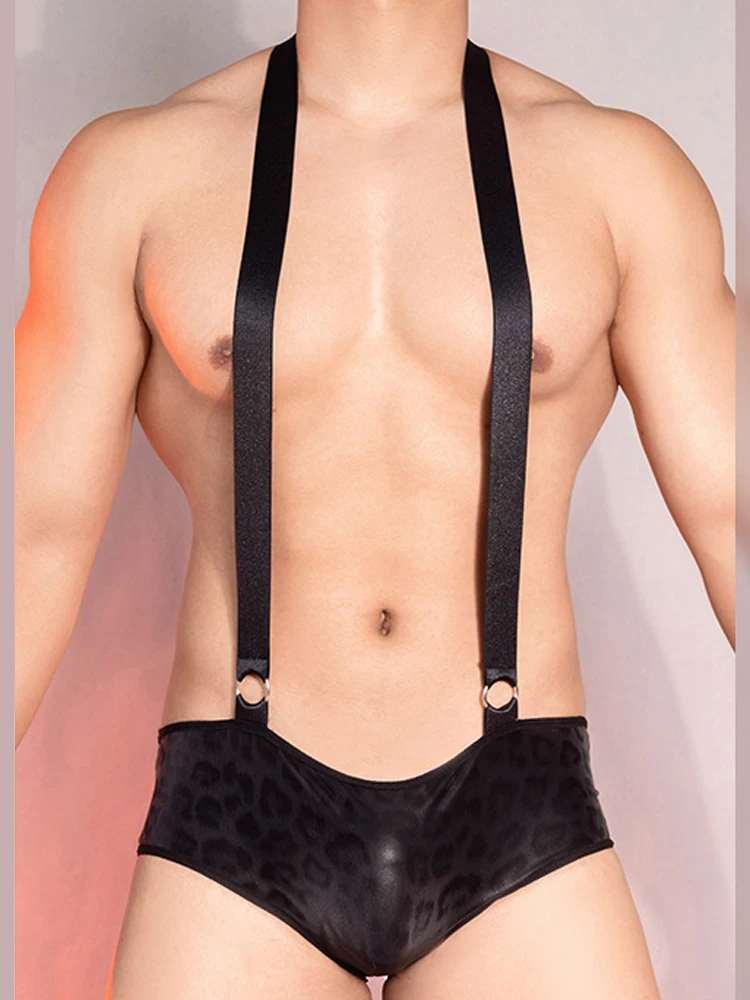 Sexy PU Leopard Print Pajama Man Playsuit Exotic Onesie Kinky Bodysuit Men Bandage One Piece Pajama Male Clothing Night Lingerie
