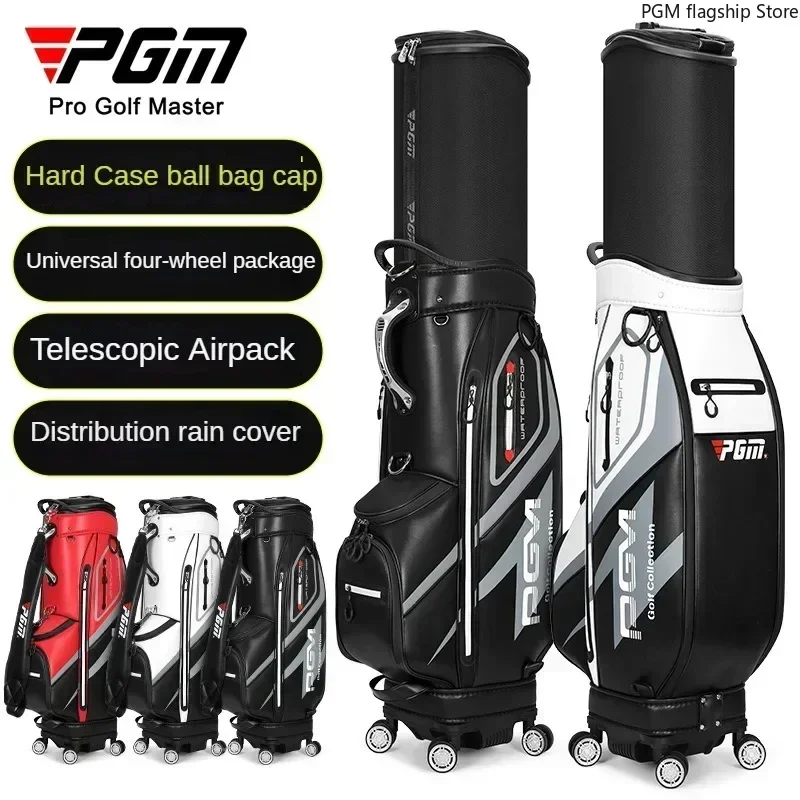 PGM-Men's Microfiber Leather Golf Bag, Aviação Verificado Bola Bag, quatro rodas Flat Push, telescópico, impermeável, QB099