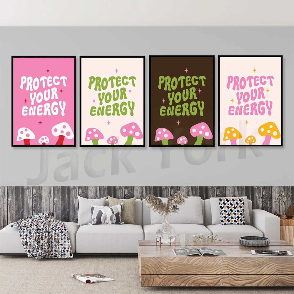 Protect Your Energy Mushroom Art Print |Cottagecore Affirmation | Feminist Poster | Girl Power Quote |Funky Wall | Decor 70s Y2K