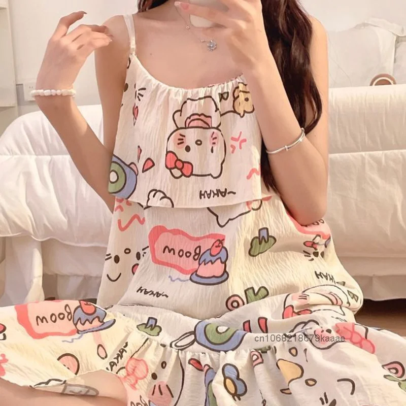 Sanrio Hello Kitty Summer Thin Suspender Sleepwear Women Chest Cushion Cute Cartoon Nightgown Sweet Soft Y2k Girl Trendy Pajamas