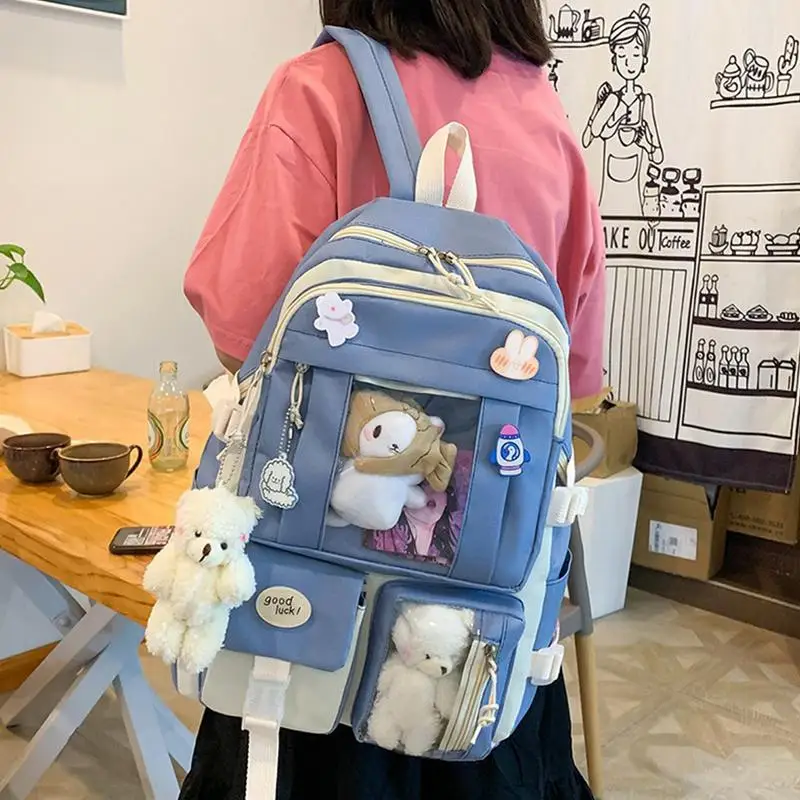 Backpacks For Teens Girls 5 Pcs High-capacity Middle Student Bookbag Kawaii Middle Student Bookbag With Cute Pins And Pendants