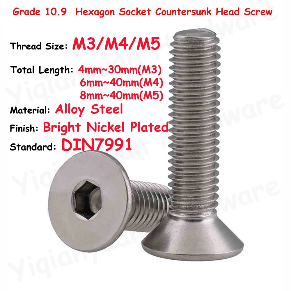 

DIN7991 M3 M4 M5 Coarse Thread Grade 10.9 Alloy Steel Bright Nickel Plated Hexagon Socket Countersunk Head Cap Screws Allen Bolt