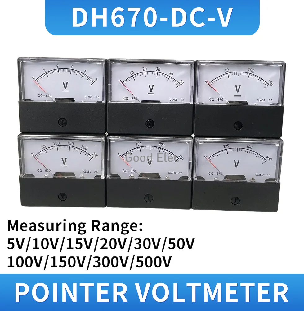 DH-670 Pointer Analog DC Voltmeter 5V 10V 15V 20V 30V 50V 100V 70*60mm Accuracy 2.5 0-500V