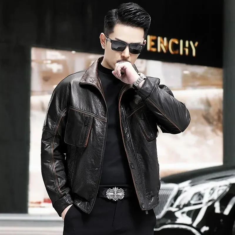 Men's Genuine Leather Jacket Man sheepskin Lapel Slim Fitting Motorcycle Male Handsome Trendy Short Coat