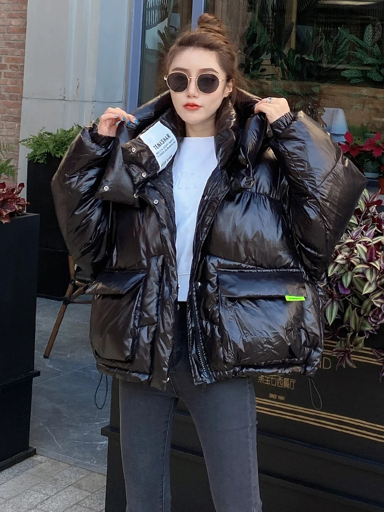 Parkas curtas femininas com capuz, Jaqueta Bomber Puffer, Casacos acolchoados de algodão quente, Casacos elegantes, Streetwear extragrande, Inverno,