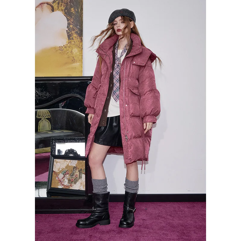 ELFSACK 2024 وصل حديثًا سترة شتوية عصرية فضفاضة بألوان متباينة متوسطة الطول مع قلنسوة دافئة للنساء