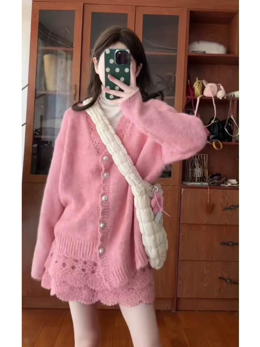 

Розовый комплект: женский осенне-зимний вязаный кардиган с V-образным вырезом и юбка-полусолнце, комплект из двух предметов