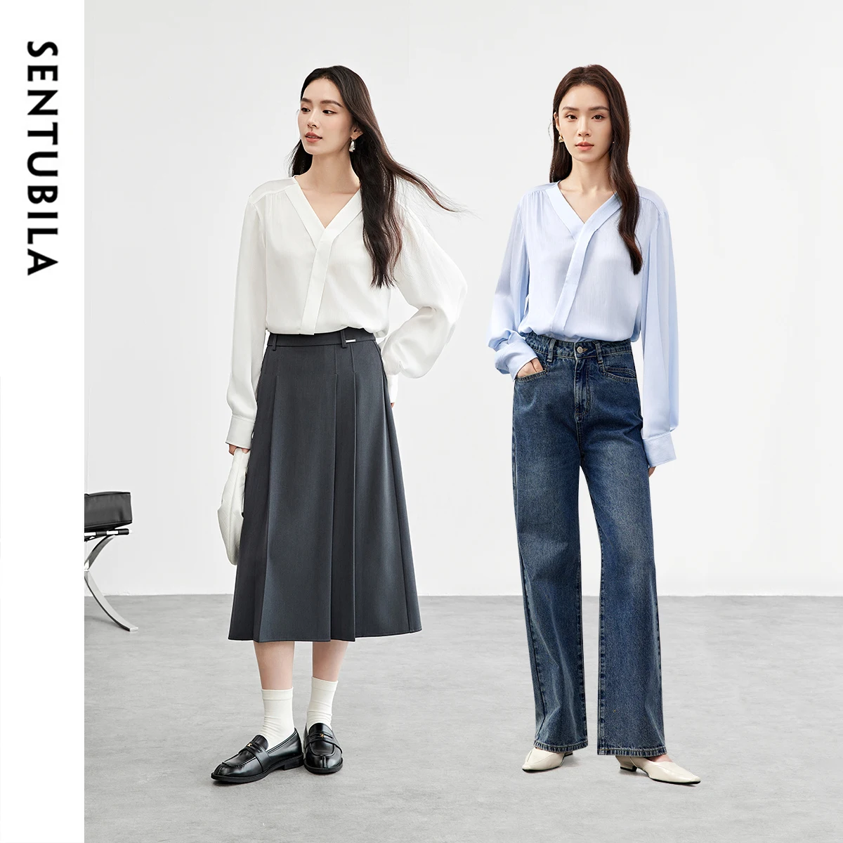 SENTUBILA White Women's Blouses Casual Straight V Neck Folds Long Sleeve Slit Comfort Pullover Tops 2025 Spring New 151C58124