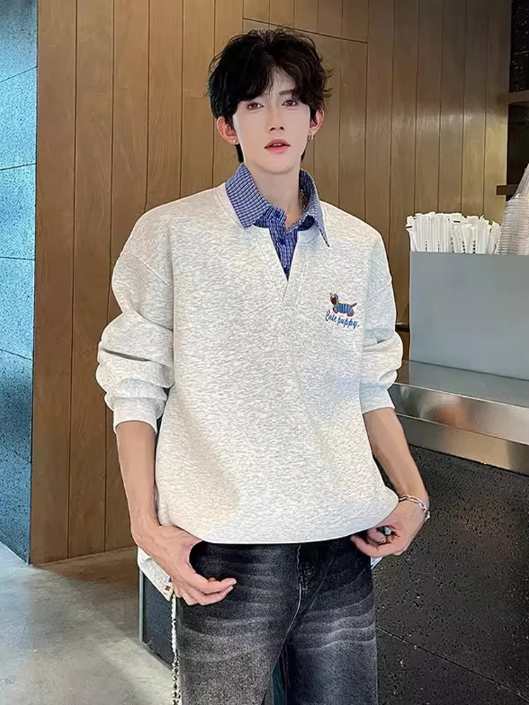 

Мужская толстовка с вышивкой, с длинным рукавом, для ношения под одеждой, повседневная, удобная, из смесового хлопка и полиэстера, осень-зима