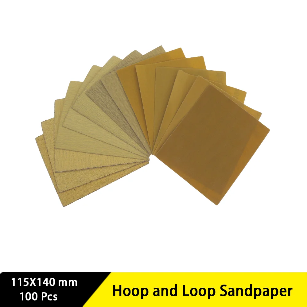 

115X140 mm Yellow Hoop and Loop Sandpaper 100 Pcs Assorted 40/80/120/150/220/240/320/400/800/1000 Grit for Polishing and Sanding