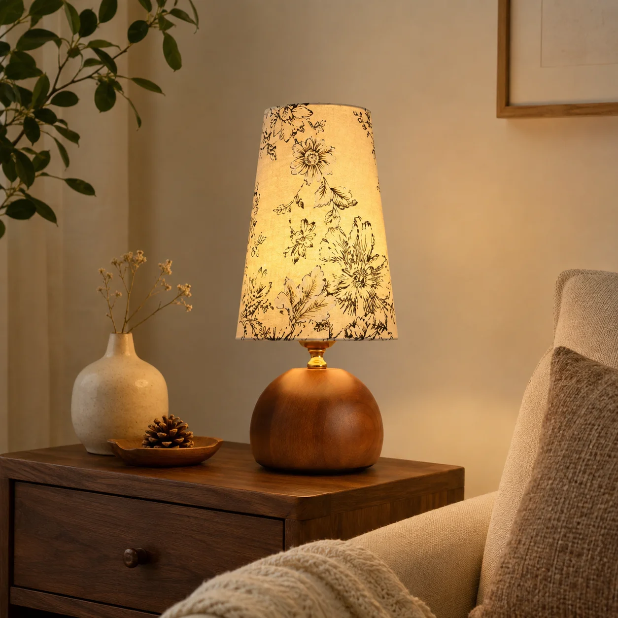 Vintage Wabi‑Sabi Floral Fabric Table Lamp, French Retro Solid Wood Ambient Lamp for Bedroom Living Room Study