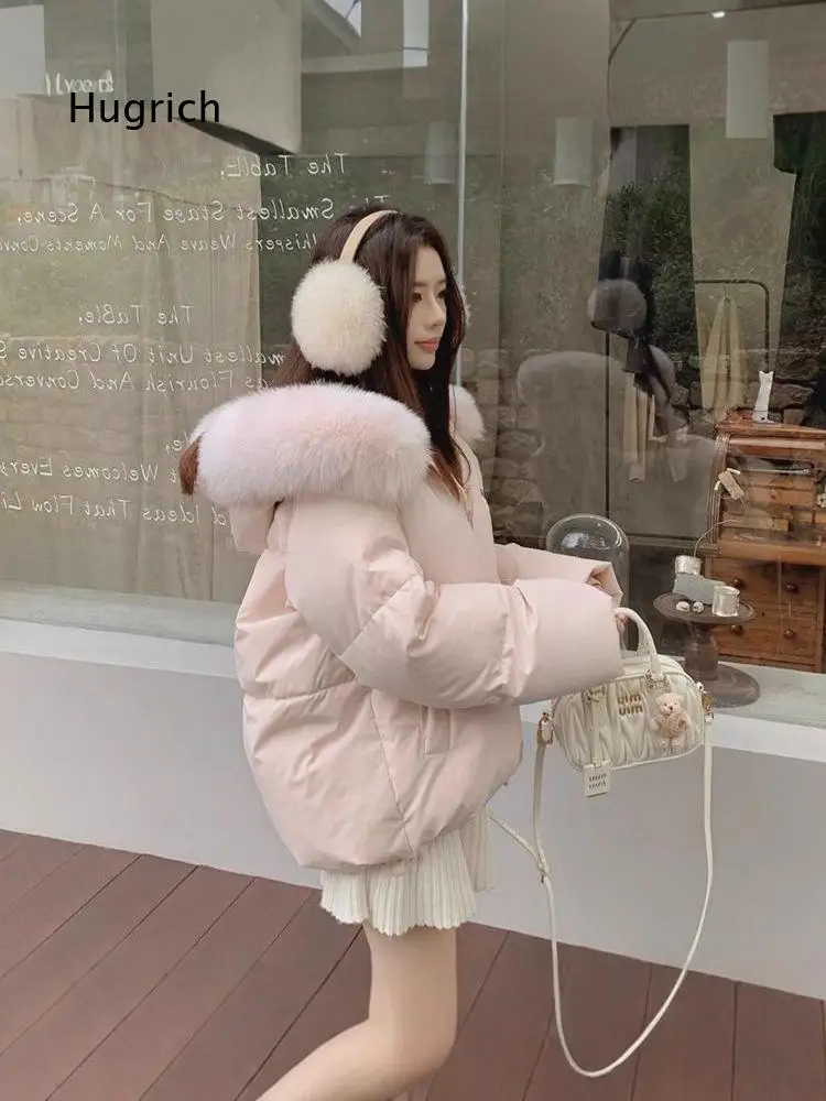 Womens Korean Style Short Puffer Coat Hooded With Large Furry Collar Thick Warm Cotton Jacket Casual Outerwear For Winter Daily