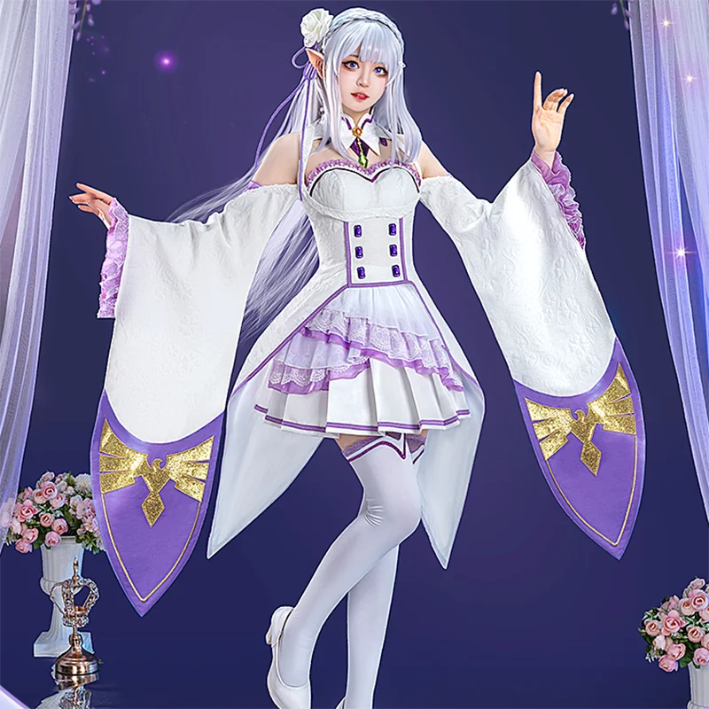 

Anime Re Zero Kara Hajimeru Isekai Seikatsu Emilia Cosplay Costumes Women Dress With Headdress For Halloween Party Lolita Cos