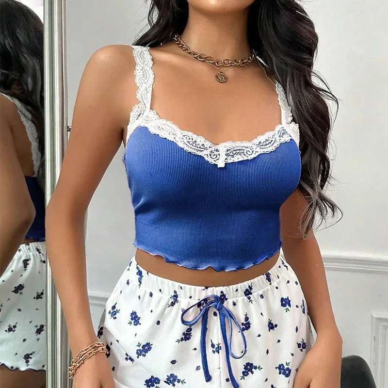2026 women's sexy lace lace camisole vest shorts sleepwear women's slim fit two-piece home outfit new product pink coffee blue