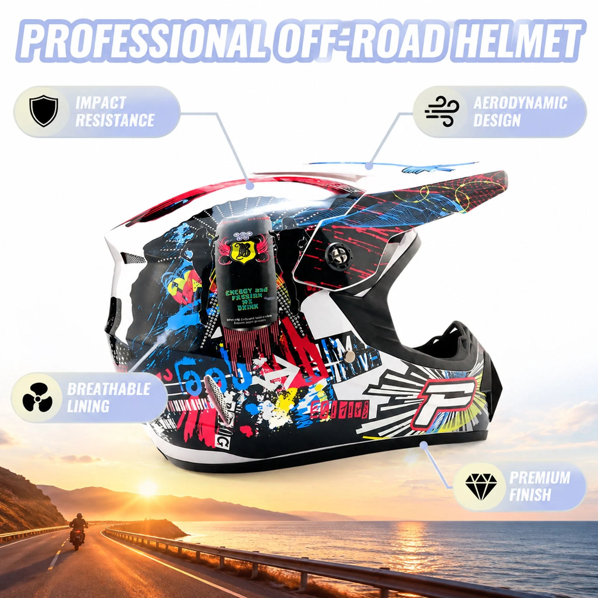 Casco di sicurezza a copertura totale, con visiera ampia, design grafico, universale per biciclette e motocicli, include occhiali e guanti, resistente agli urti, durevole, leggero, traspirante,