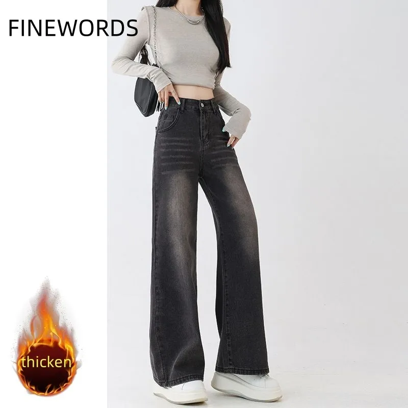 FINEWORDS Vintage Winter Thick Cashmere Wide Leg Jeans Women Korean Casual High Waist Baggy Jeans Warm Streetwear Denim Pants