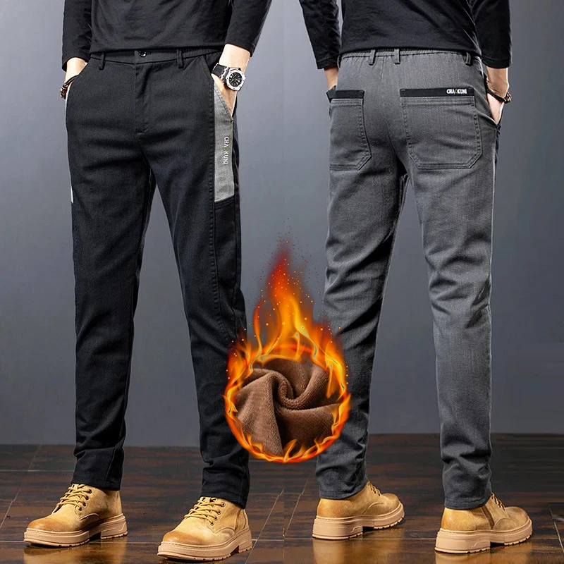 

Зимние мужские флисовые теплые повседневные брюки, тонкие прямые деловые термобрюки, плотная уличная одежда в корейском стиле, брендовая одежда