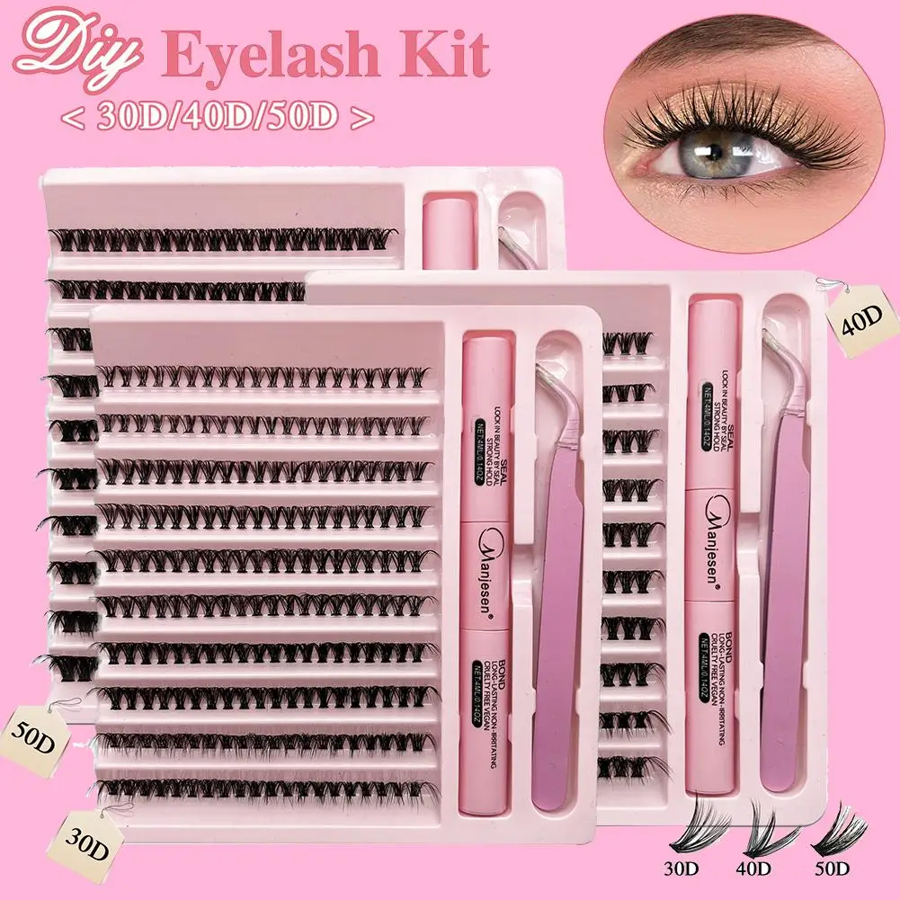 Kit de clusters de cílios com fixação forte à prova d'água, kit de extensão de cílios diy, ligação e vedação e pinça de cílios, maquiagem