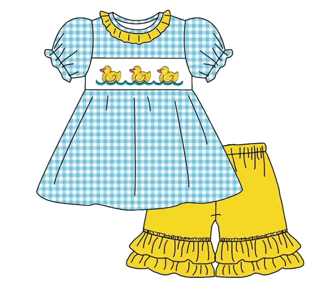 New Cute Summer Toddler Kids Rubber Duck Print Outfit Gingham Dress Romper Top Shorts Set